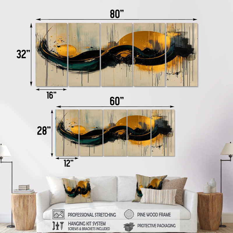 «Gold», jeu optique en spirale «V» - art mural Constructivism - ensemble de décorations murales modernes, H 32 po x l 80 po