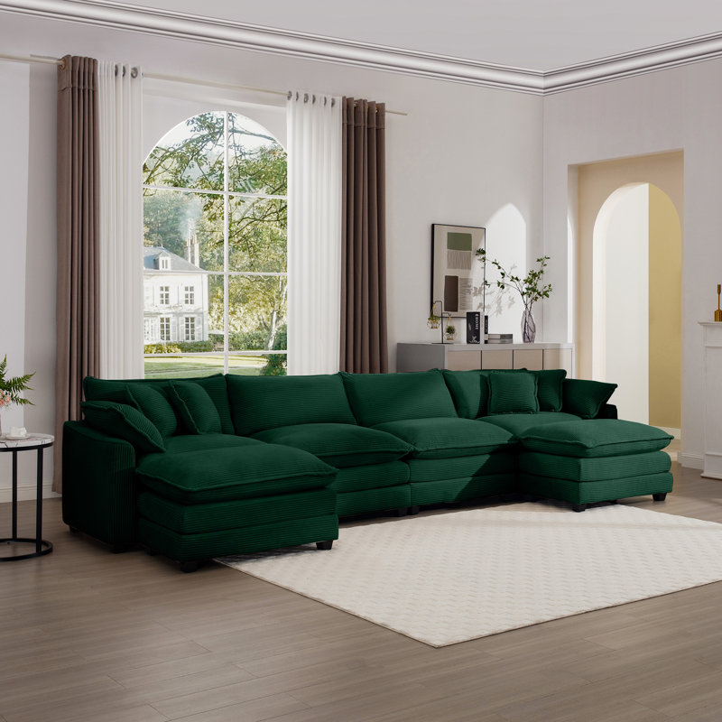 Canapé modulaire en velours côtelé avec 2 repose-pieds et coussins Araromi, Velours côtelé vert