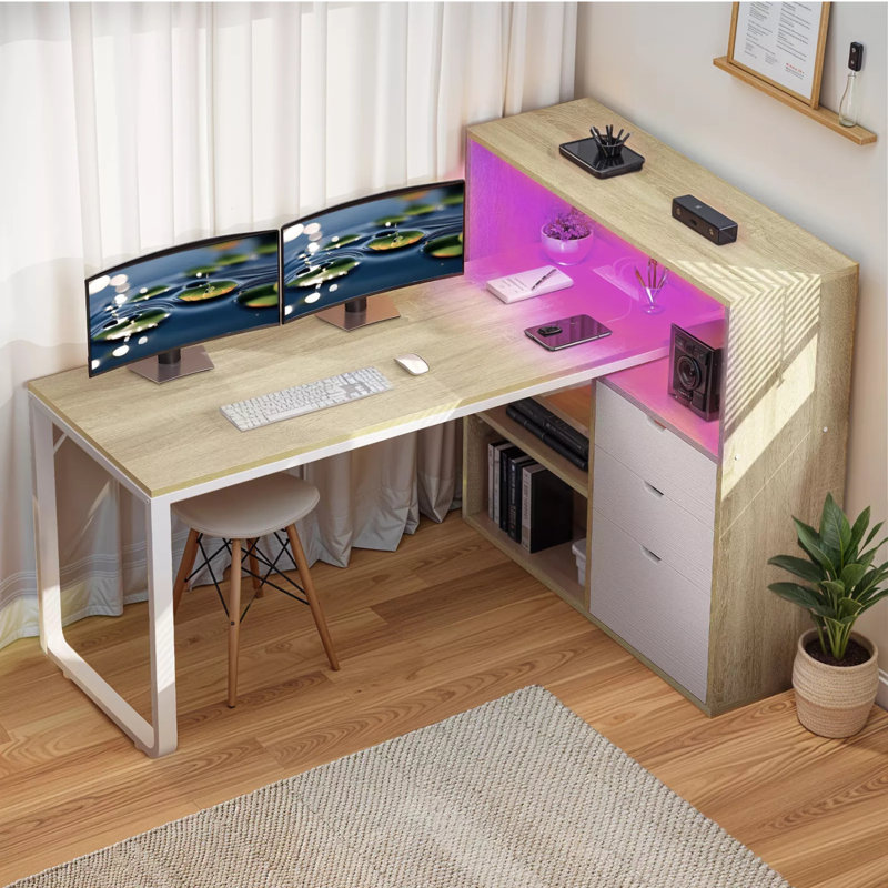 Broly 55'' L Shaped Desk With Power Outlets & LED Light, Brown