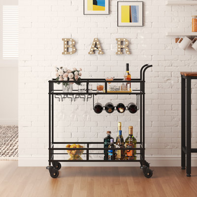 2 Tier Rolling Wine Bar Cart for Home, Small Alcohol Liquor Cart with Mirrored Shelves, Wine Racks & Glass Holder, Compact for Dining Room Living Room by Latitude Run