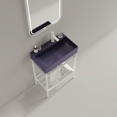 Bathroom Vanity With Ceramic Basin, Freestanding Bathroom Console Sink Set, Glossy Rectangular Ceramic Basin Without Faucet, Open Metal Leg, Storage Shelves,