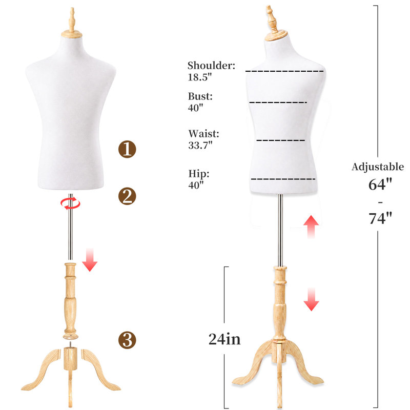 Male Mannequin Torso Dress Form, 64‑74 Inch Adjustable White Foam Manikin Body with Solid Wood Tripod Stand for Men Suit Clothing Display Sewing Tailoring