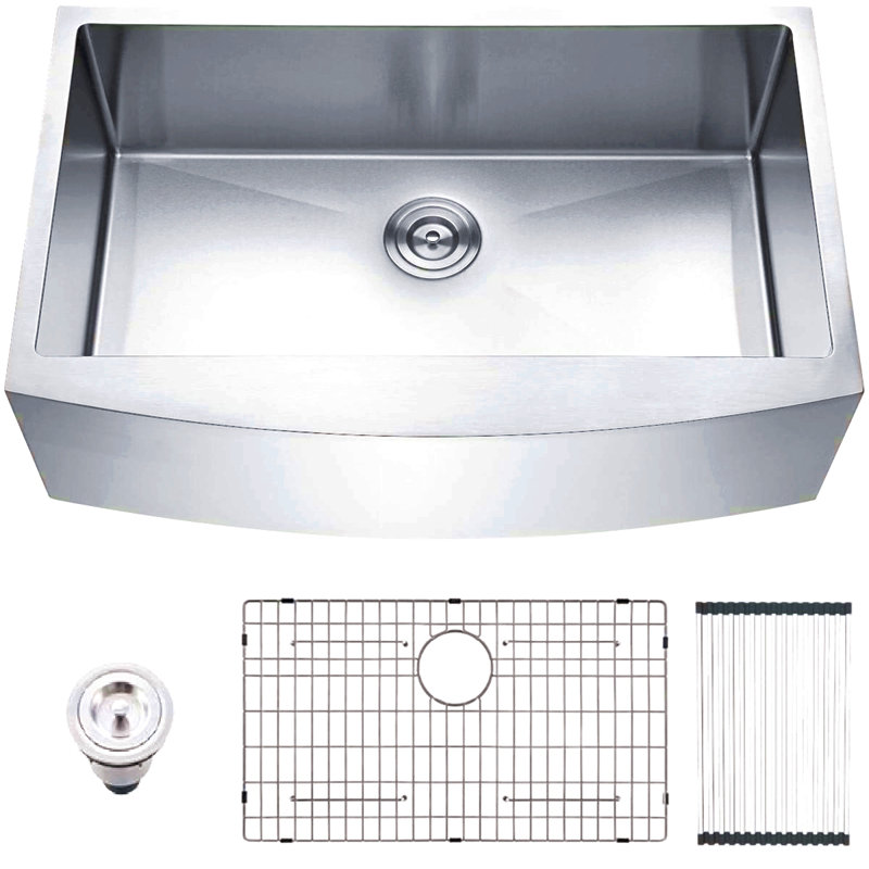 Acier inoxydable de calibre 16 nickel brossé 33 po Évier de cuisine à simple cuve à tablier de ferme avec grille inférieure et crépine