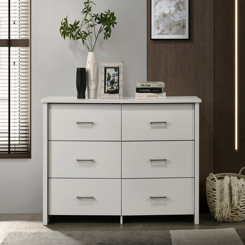 57"W White 6-Drawer Dresser With Silver Handles, White