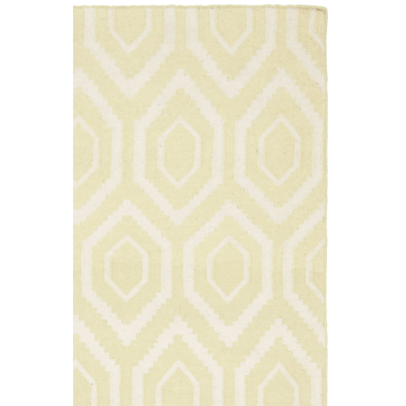 Tapis ivoire / vert en laine et coton tissé à la main Dhurries, Tapis de couloir 2 pi 6 po x 12 pi