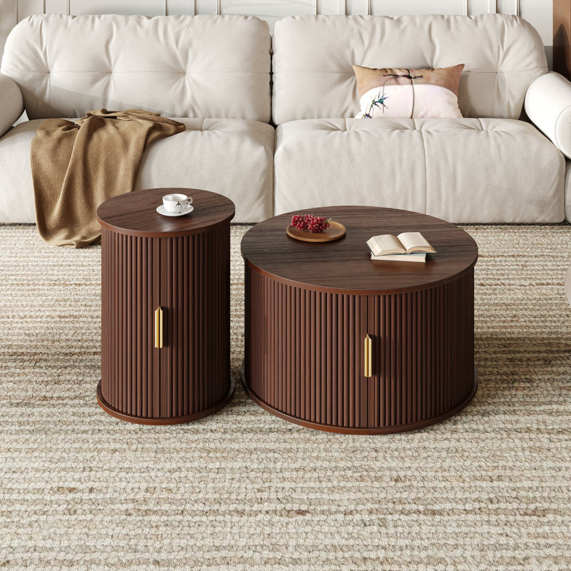 Ensemble de tables basses avec portes coulissantes, Noyer