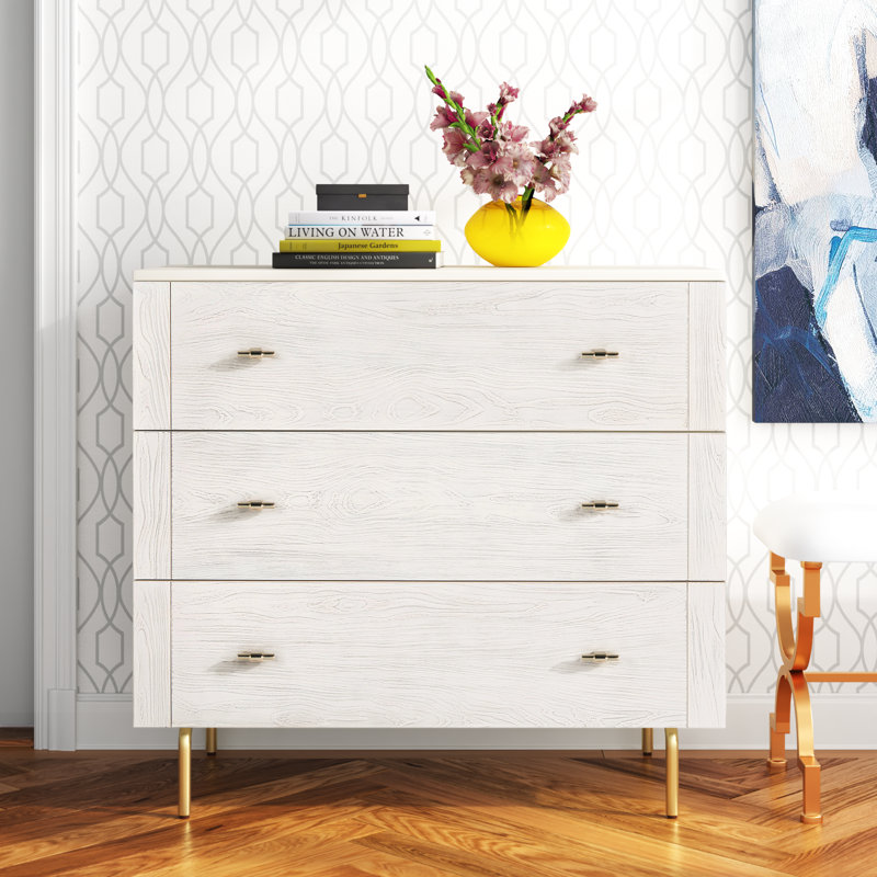 Commode 3 tiroirs l 36 po Chrishayla, Cream/White Washed