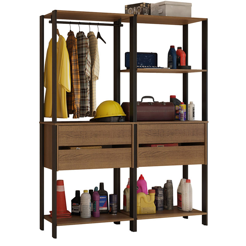 Madesa Garage Storage Rack with 4 Drawers, 5 Shelves and Hanging Space 55"L Multiuse Modular Organization Cabinet for Tools - Black/Brown