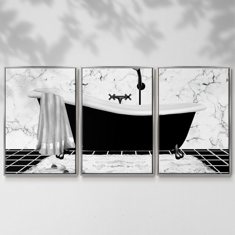 Modern Bath I - 3 pièces, reproduction encadrée sur toile, H 40 po x l 78 po x P 2 po, Argent