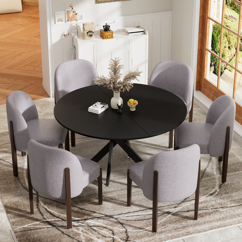 Ensemble de salle à manger rond 47,2 po, table à pieds croisés modernes et 6 chaises rembourrées en tissu pour les petits espaces, cuisine