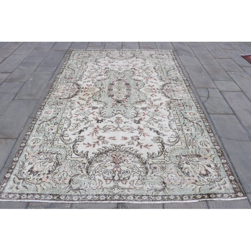 Grand tapis turc rétro Anatolian pour salon - Tapis vert en laine à motif géométrique