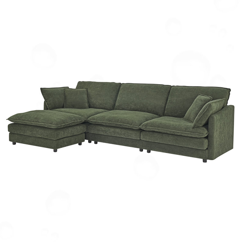 L-ShapeModern Sectional Sofa with Ottoman, Green Polyester Blend