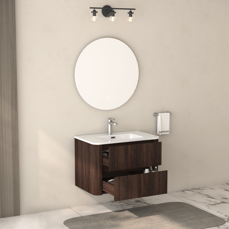 Meuble-lavabo flottant de 30 po avec deux tiroirs et un lavabo en céramique blanche, fixation murale, finition noyer foncé, stable, espace, assemblage simple pour les espaces compacts, lavabo à tiroirs, contreplaqué, facile à installer
