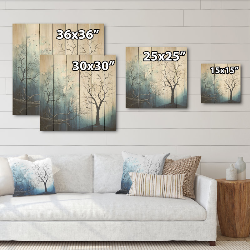 Minimalism Blue Tree Landscape - Trees Wood Panel Wall Art On Natural Pine Wood, 36" H x 36" W