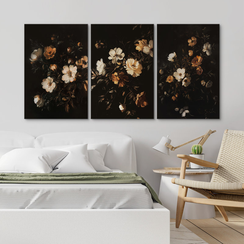 Ensemble d'art mural rétro en toile florale, impressions encadrées botaniques foncées pour chambre à coucher classique ou salon élégant