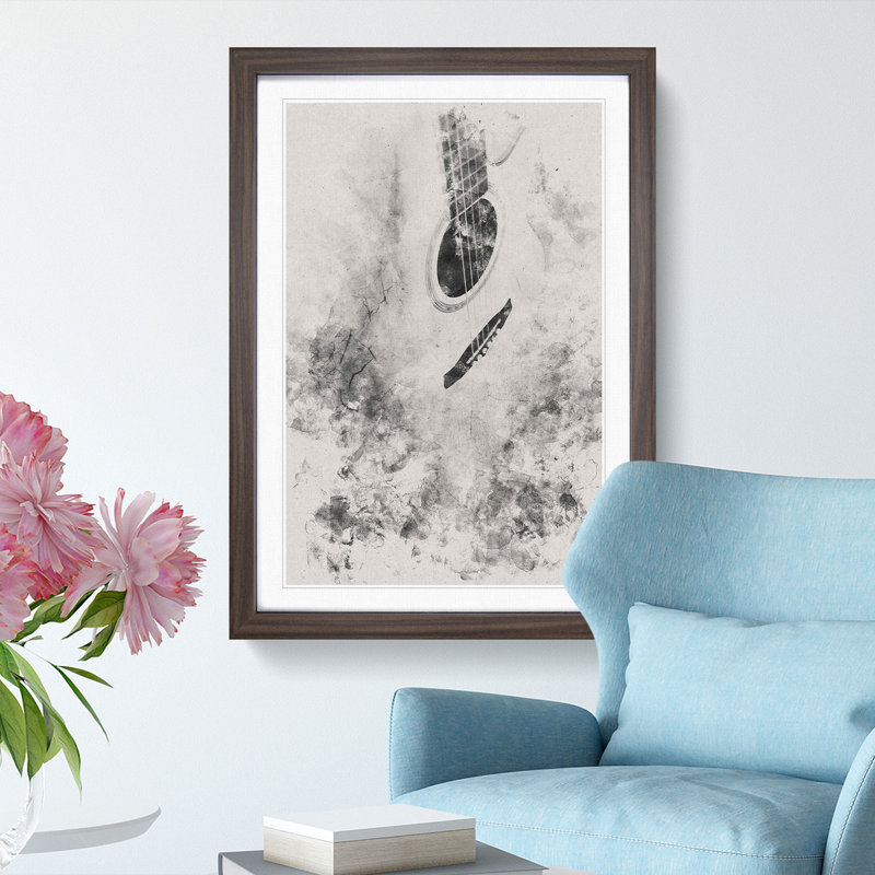 Cracked Acoustic Guitar Watercolour - Framed Print, Walnut Framed, 63cm H x 45cm W x 2cm D