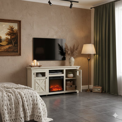 Meuble télé de style campagne avec porte de grange, deux portes d'armoire et un foyer encastrable de 18 pouces. Fini en blanc et mesurant l 60,23 po x P 15,35 po x H 31,7 po.