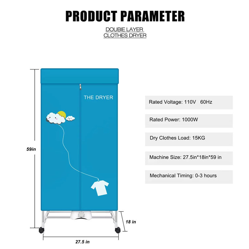 110V 1000W Electric Portable Dryer, Double Stackable, Stainless Steel, Blue