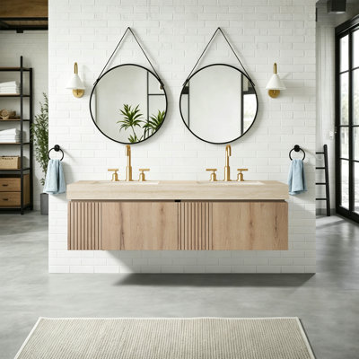 Luxury 60" Natural Wood Floating Bathroom Vanity Modern Double Sink Wall-Mounted Bathroom Vanity Mid-Century Style Bathroom Cabinet