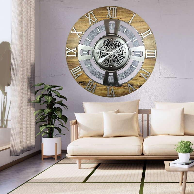 Oversized Wood and Stone Industrial Wall Clock with Real Moving Gears