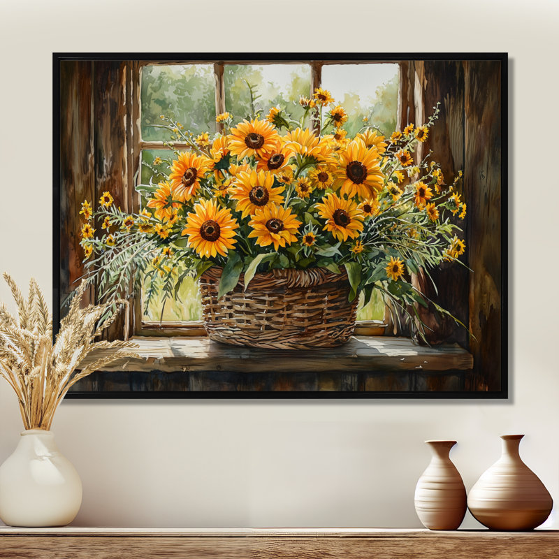 Bouquet de brise d'été à la ferme - tournesols, art mural, H 34 po x l 44 po, Cadre flottant, Noir