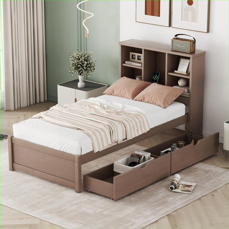 Structure de lit plateforme simple brun avec tête de lit bibliothèque, port USB intégré et 2 tiroirs de rangement