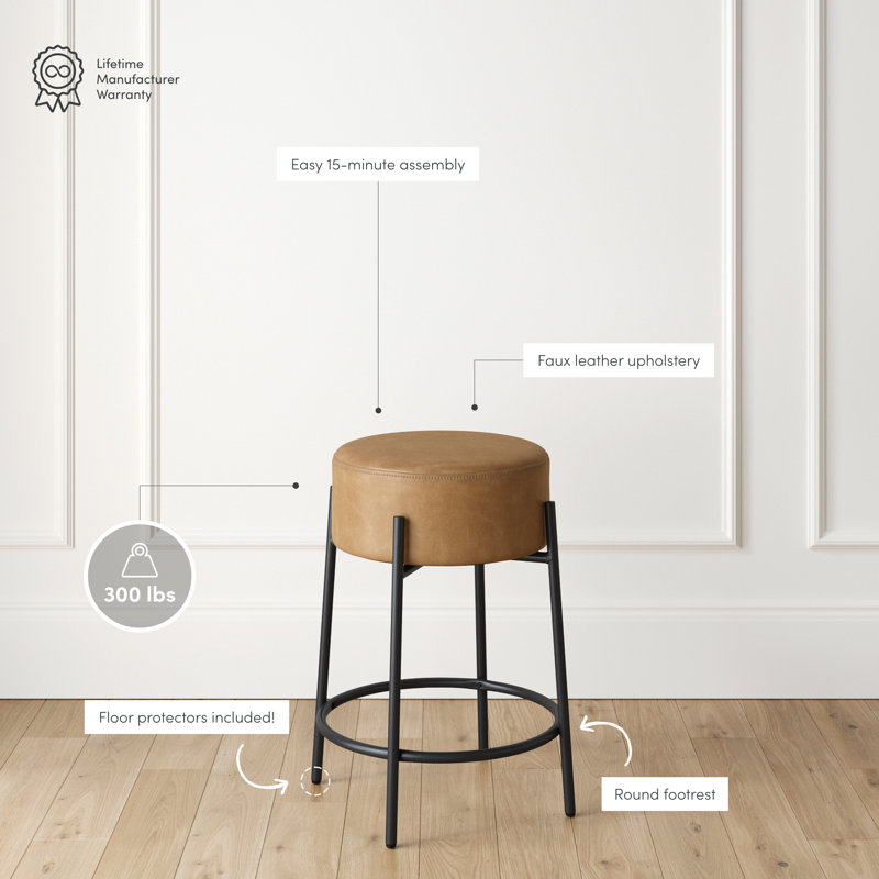 Upholstered Counter Stool with Metal Frame, Counter Stool (24" Seat Height), Light Brown Polyester/Matte Black Frame, 1