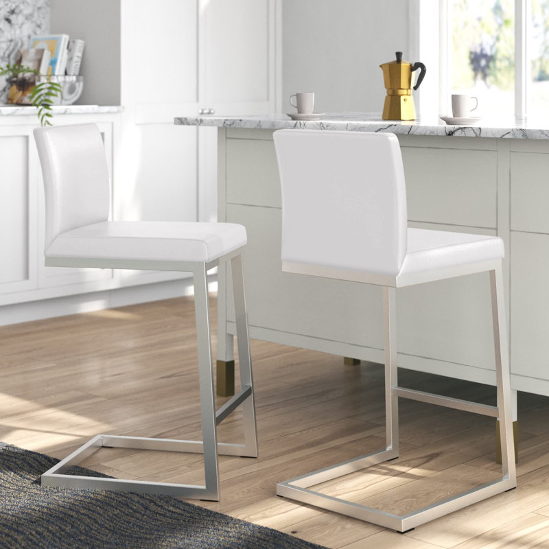 Hamby Upholstered Counter Stool with Metal Frame, Light Gray, Silver