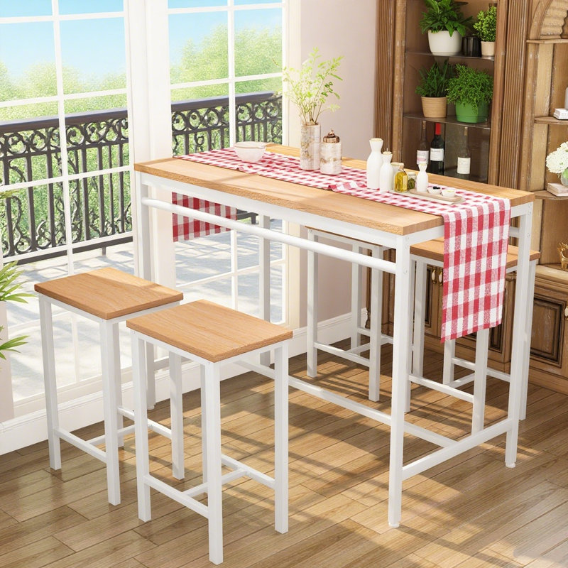 Ensemble de table de bar 5 pièces, Beige, Beige / Blanc, Blanc