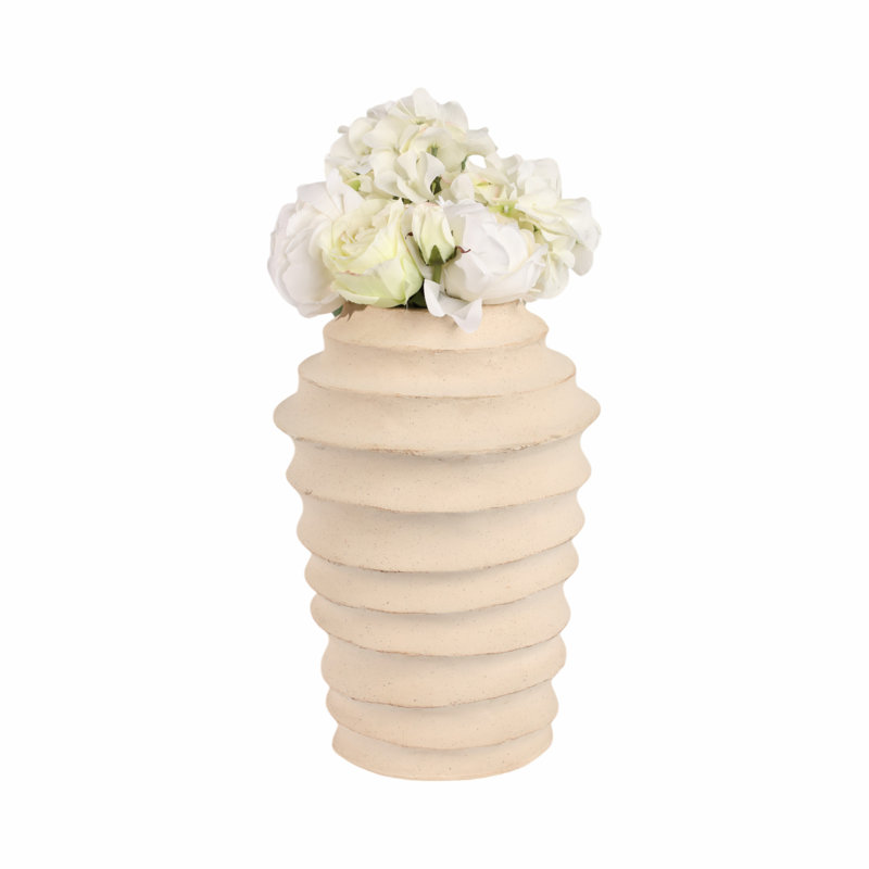 Vase de table décoratif texturé à nervures avec motif ciselé pour la décoration intérieure - Grand vase sculptural pour tablette ou décoration de cuisine - Ivoire et brun clair