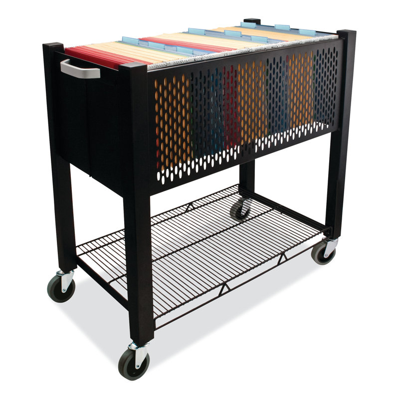 Black Steel Mobile File Cart with Push Handle and Locking Wheels
