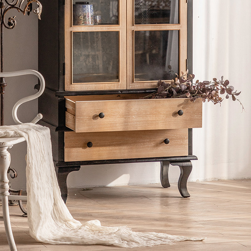 Bois massif + vitrines en verre, Noir / brun