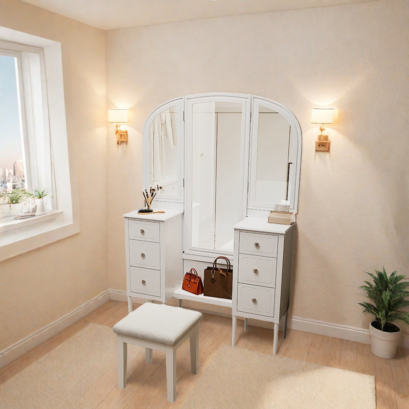 Meuble-lavabo antique avec 3 miroirs, 6 tiroirs, bureaux latéraux et tabouret