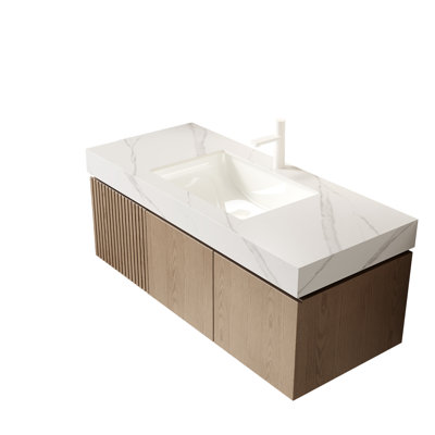 Comptoir en pierre frittée blanche 48 po MURI et vasque en céramique encastrée avec un trou de robinet pré-percé standard, sans armoire, sans robinet et couvercle d'évier