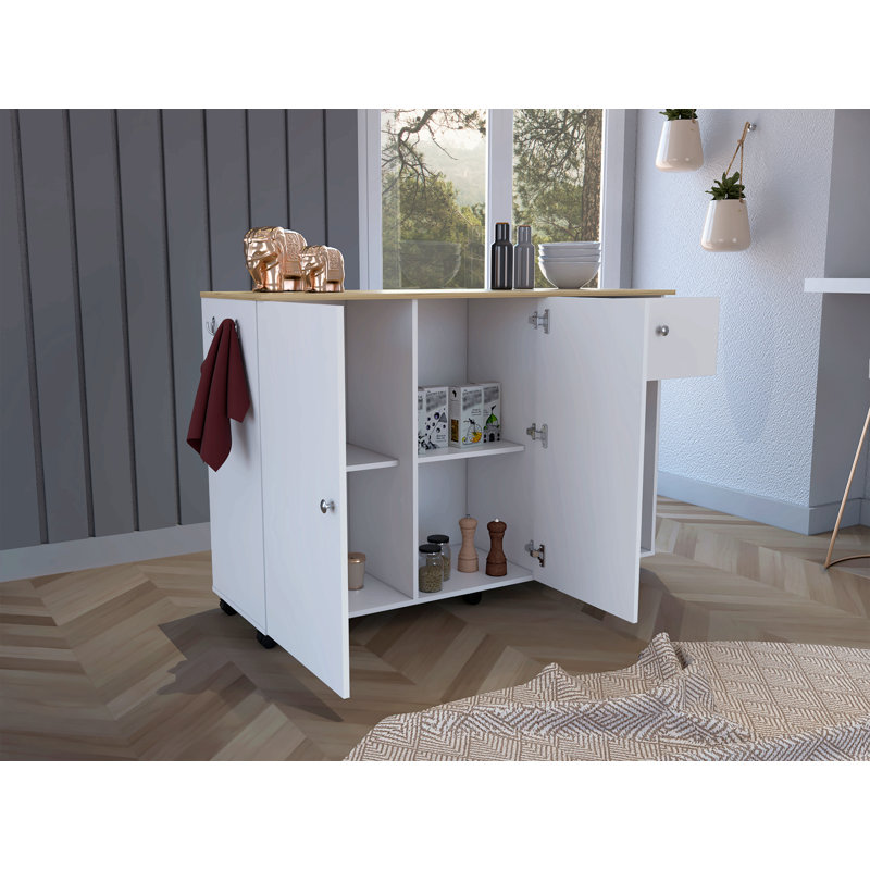 Chariot pour îlot de cuisine, six tiroirs, un tiroir, armoire à deux portes, deux tablettes extérieures, quatre tablettes intérieures, blanc / pin
