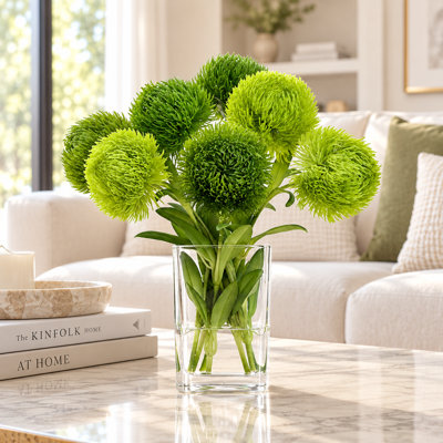 Arrangement de dianthus vert avec touche réelle, décor de maison / bureau moderne, centre de table en fausse fleur artificielle