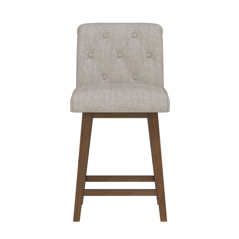 Dorreen Wood And Upholstered Tufted Adjustable Height Swivel Stool, Oatmeal, Medium Brown
