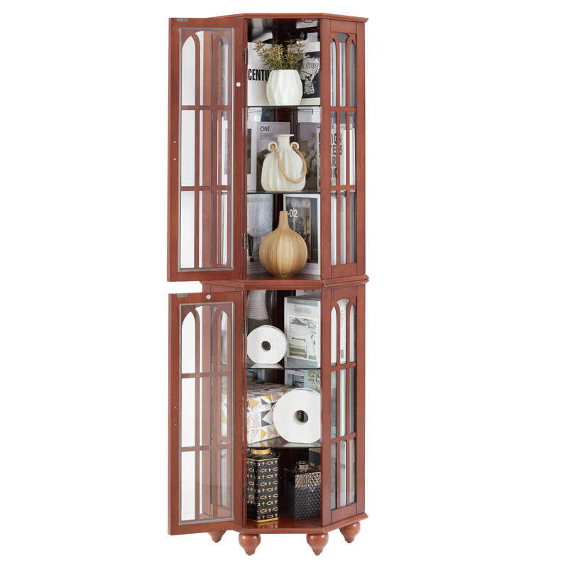 And Glass Corner Curio Cabinet With 4 Adjustable Shelves Lighting, Solid Wood Legs Legs, Walnut Finish, Walnut