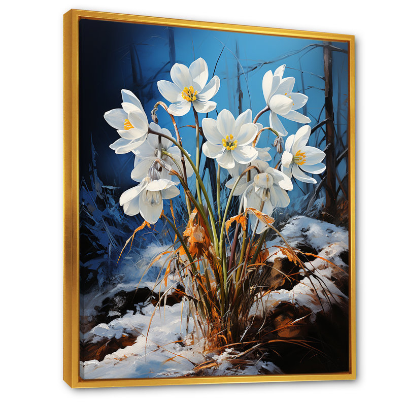 Vert neige, fleurs d'hiver I, Cadre flottant doré, H 32 po x l 24 po x P 1 po