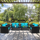 8 pièces Ensemble de conversation pour l'extérieur en rotin avec coussins turquoise