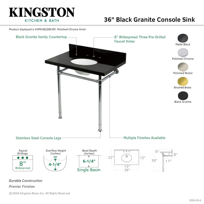 Kingston Brass Imperial 36-Inch Black Granite Console Sink with Stainless Steel Legs (8-Inch, 3-Hole), Matte Black 