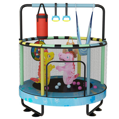 55" 7-In-1 Round Trampoline For Kids With Safety Enclosure Net, Indoor & Outdoor Toddler Trampoline With Adjustable Gymnastics Bar & Toys For Boys & Girls