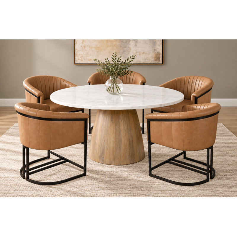 Petra 54'' Marble Top Dining Table with 5 Leather Chairs, Beige, Cream, Brown