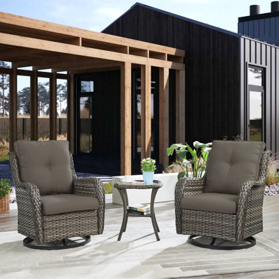 Schutt 3 Piece Furniture Set Wicker Swivel Chairs and Side Table with Cushions