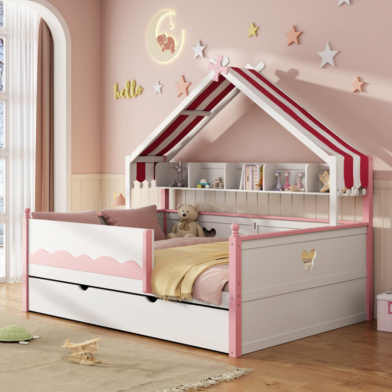 Lit double en forme de maison, blanc et rose, avec bibliothèque intégrée, Double