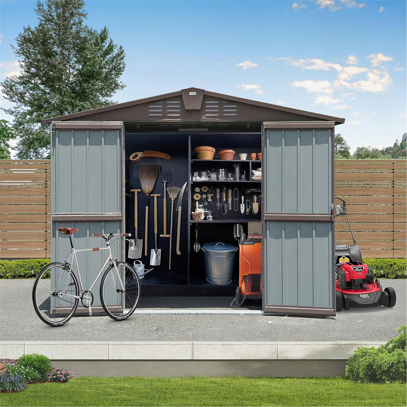 Outdoor Storage Shed 8.2' X 6.2', Metal Steel Utility Tool Shed Storage House With Double Lockable Doors & Air Vents For Patio Garden Lawn Brown