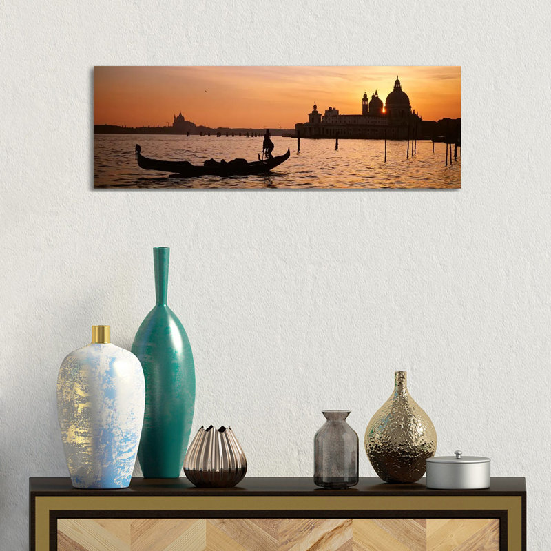Silhouette Of A Gondola In A Canal At Sunset, Santa Maria Della Salute, Venice, Italy - Wrapped Canvas Panoramic Print