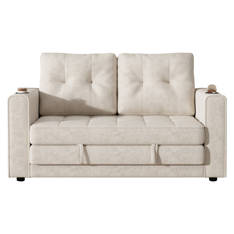 2-Seater Pull-Out Sofa Bed with Cup Holders & Side Pocket, Beige