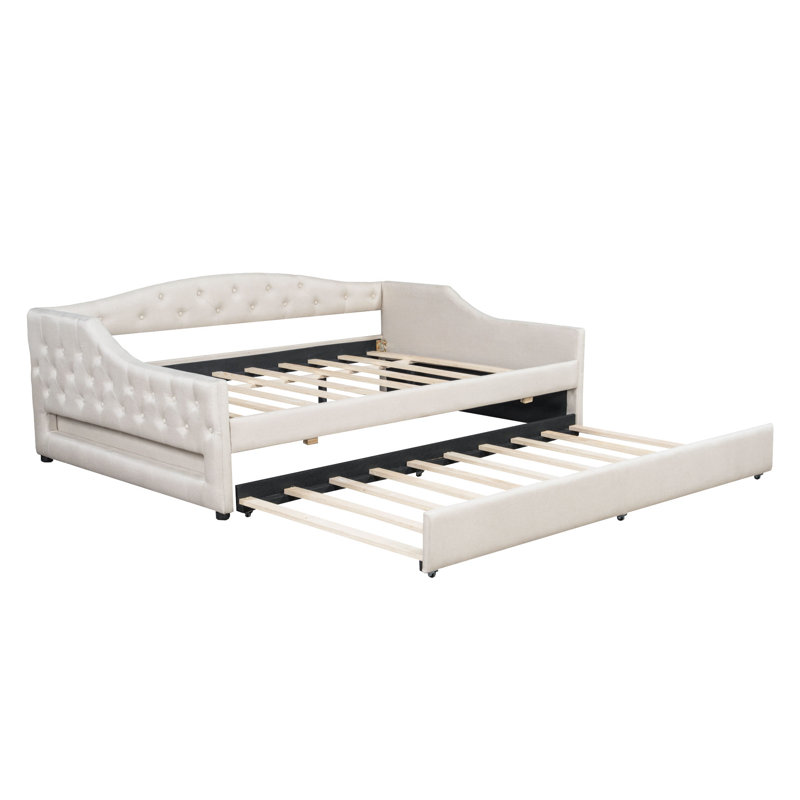 Lit de jour rembourré double TG avec bande lumineuse à DEL et gigogne, lit multifonctionnel peu encombrant, beige