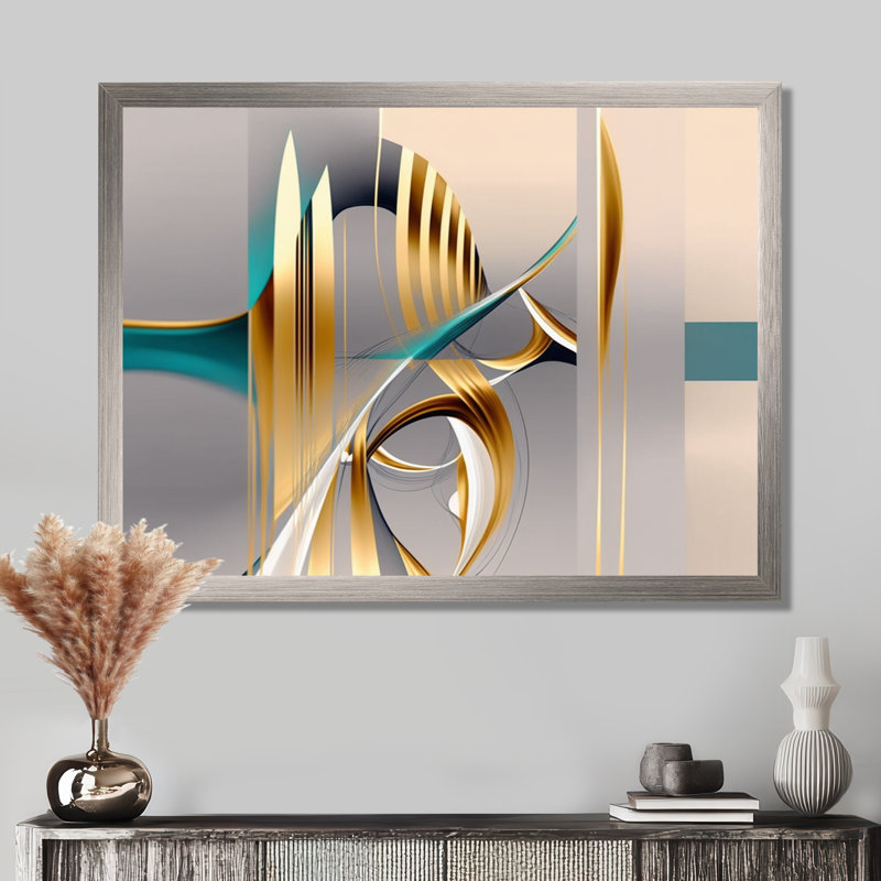 «Minimal Gold Abstraction On Turquoise Horizon I», art mural fractales, H 12 po x l 20 po x P 1 po, Cadre simple argenté